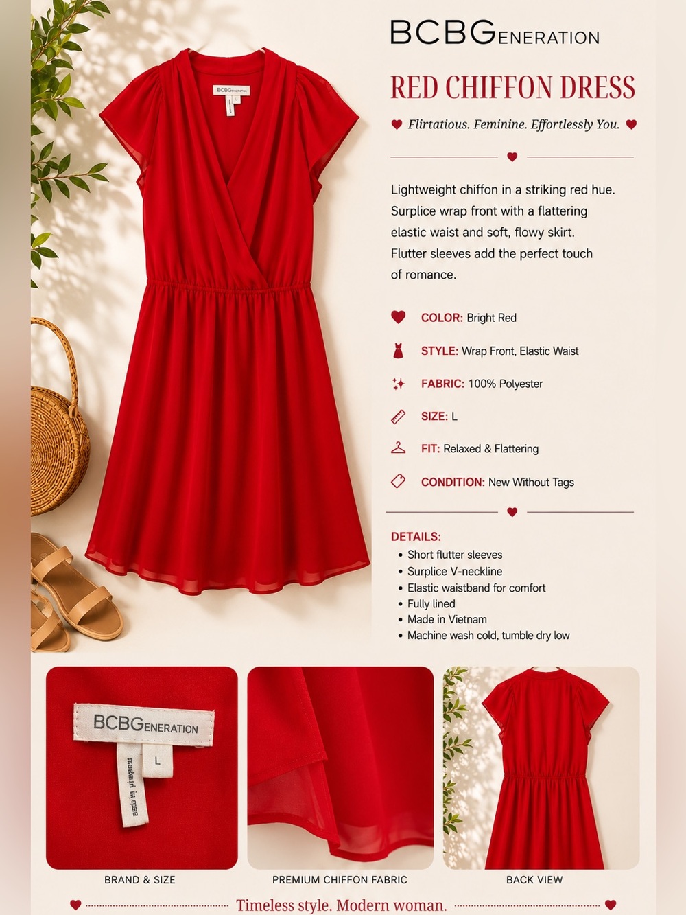 New BCBGeneration Red Chiffon Wrap Dress Size L - NWOT